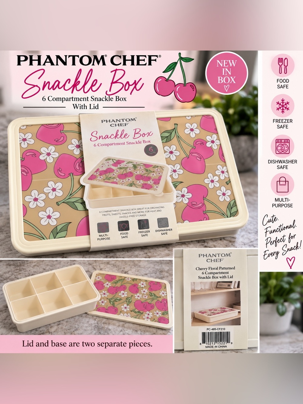 🍒 Phantom Chef Cherry Floral 6-Compartment Snackle Box w/ Lid 🌸